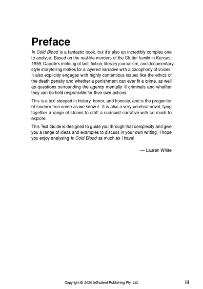 White text guide page with black text titled 'Preface', discussing 'In Cold Blood', signed by Lauren White, with copyright and page number 'iii'.