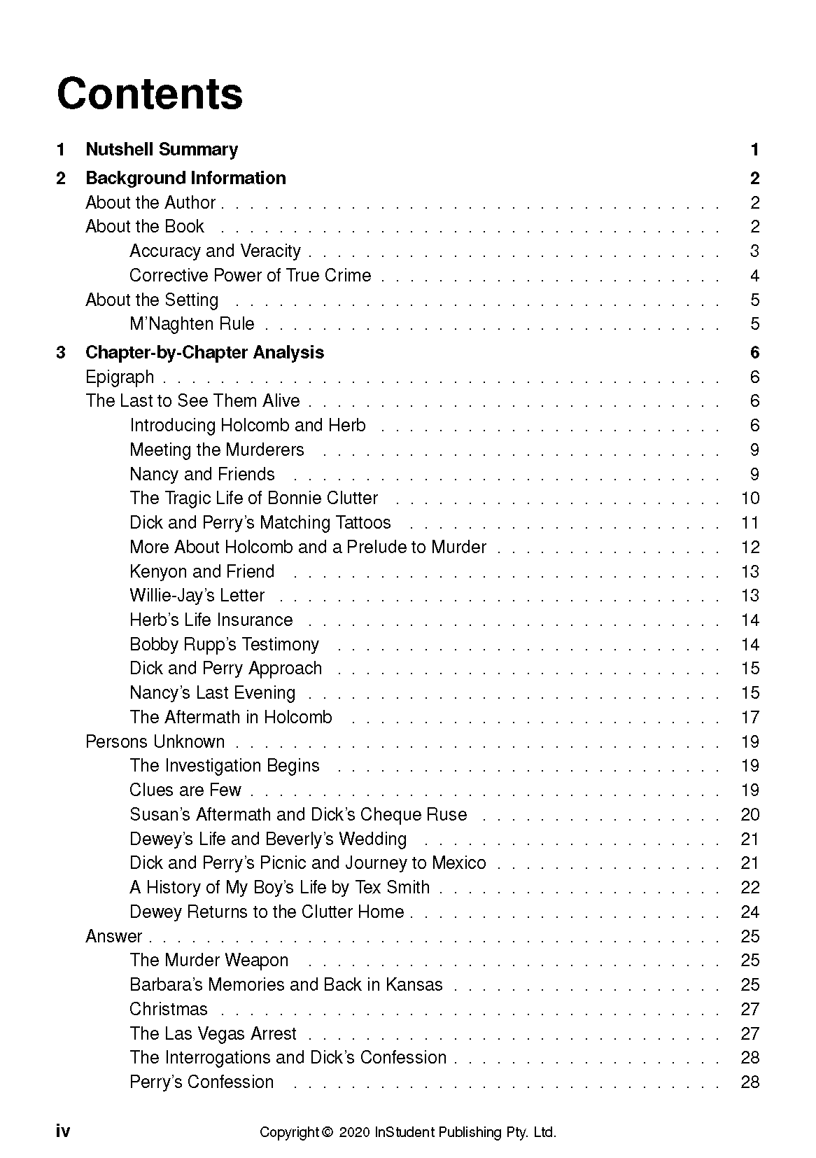 Text Guide contents page from InStudent Publishing, showing sections and page numbers in black text on a white background.