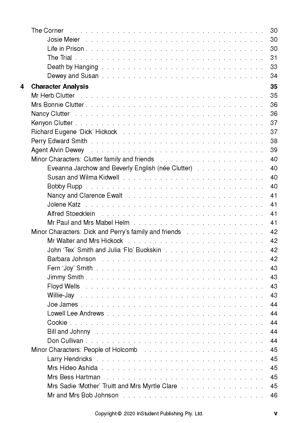 Text guide showing a table of contents with sections like "The Corner" and "Character Analysis," listing names and page numbers.