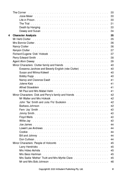 Text guide showing a table of contents with sections like "The Corner" and "Character Analysis," listing names and page numbers.