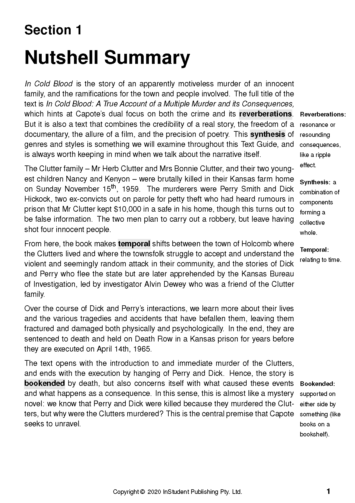 Text Guide by InStudent Publishing Pty. Ltd. showing a white page with a nutshell summary and sidebar definitions.