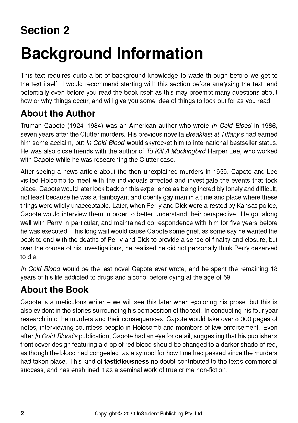 White text guide page by InStudent Publishing Pty. Ltd. with black text and bold headings about Truman Capote's In Cold Blood.