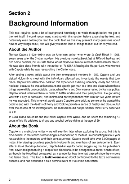 White text guide page by InStudent Publishing Pty. Ltd. with black text and bold headings about Truman Capote's In Cold Blood.