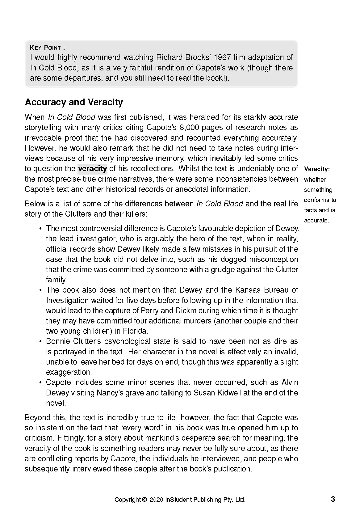 Text guide for In Cold Blood by Truman Capote, a page of textual analysis discussing accuracy and veracity.
