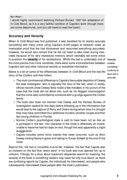 Text guide for In Cold Blood by Truman Capote, a page of textual analysis discussing accuracy and veracity.