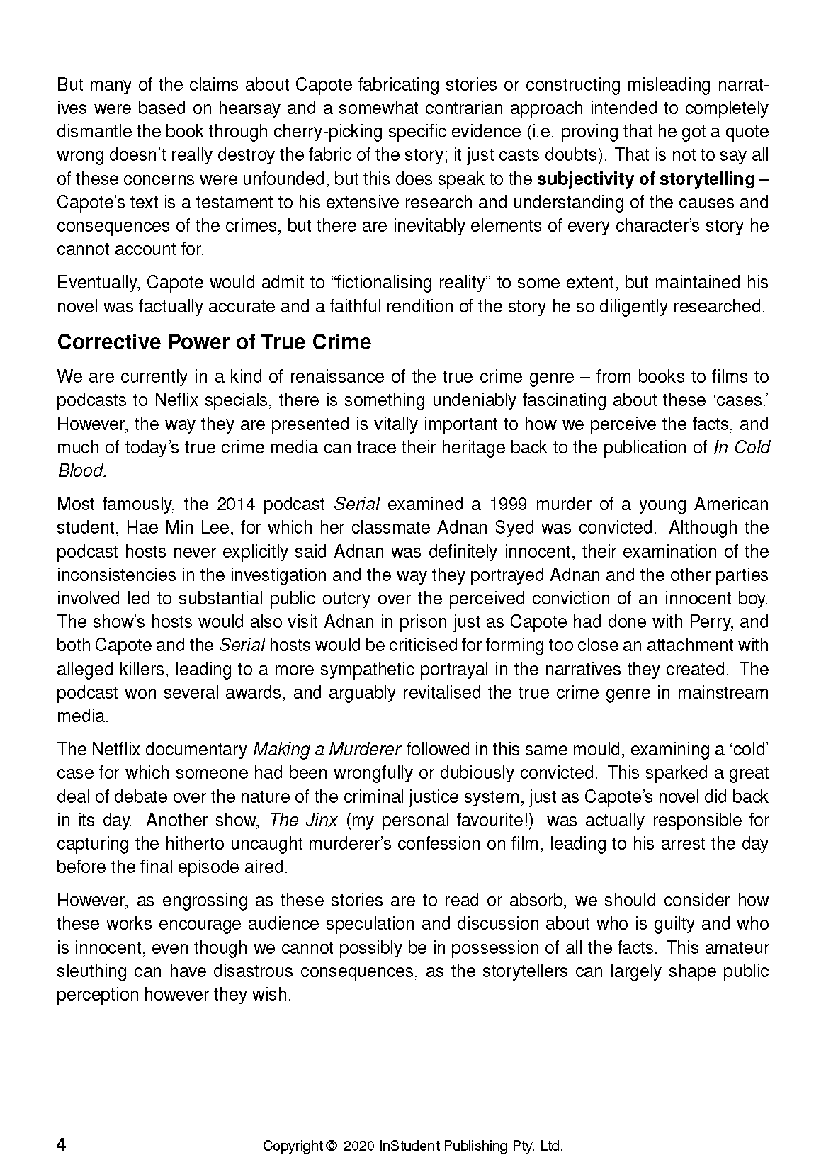 White text guide page with black paragraphs discussing Truman Capote and true crime, displaying page 4 and copyright details.