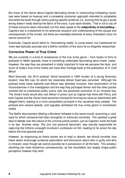 White text guide page with black paragraphs discussing Truman Capote and true crime, displaying page 4 and copyright details.