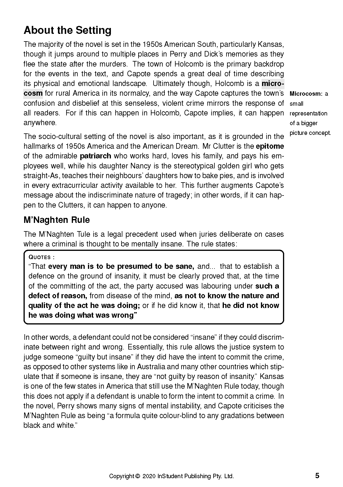 Text guide about In Cold Blood displaying sections "About the Setting" and "M'Naghten Rule" with bolded text and a quote.
