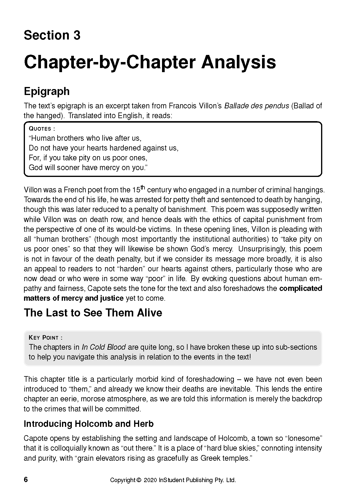 Text Guide page by Truman Capote showing a 'Chapter-by-Chapter Analysis' section, epigraph, and descriptive text.