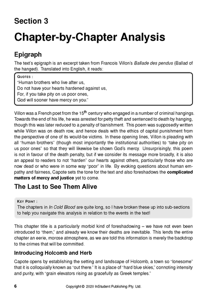 Text Guide page by Truman Capote showing a 'Chapter-by-Chapter Analysis' section, epigraph, and descriptive text.
