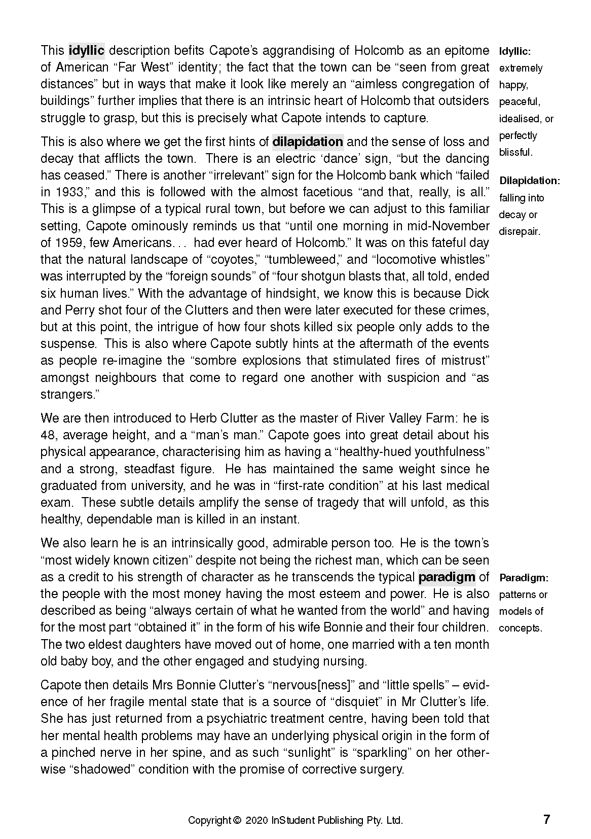 Text guide page featuring descriptive literary analysis with highlighted words and marginal definitions.