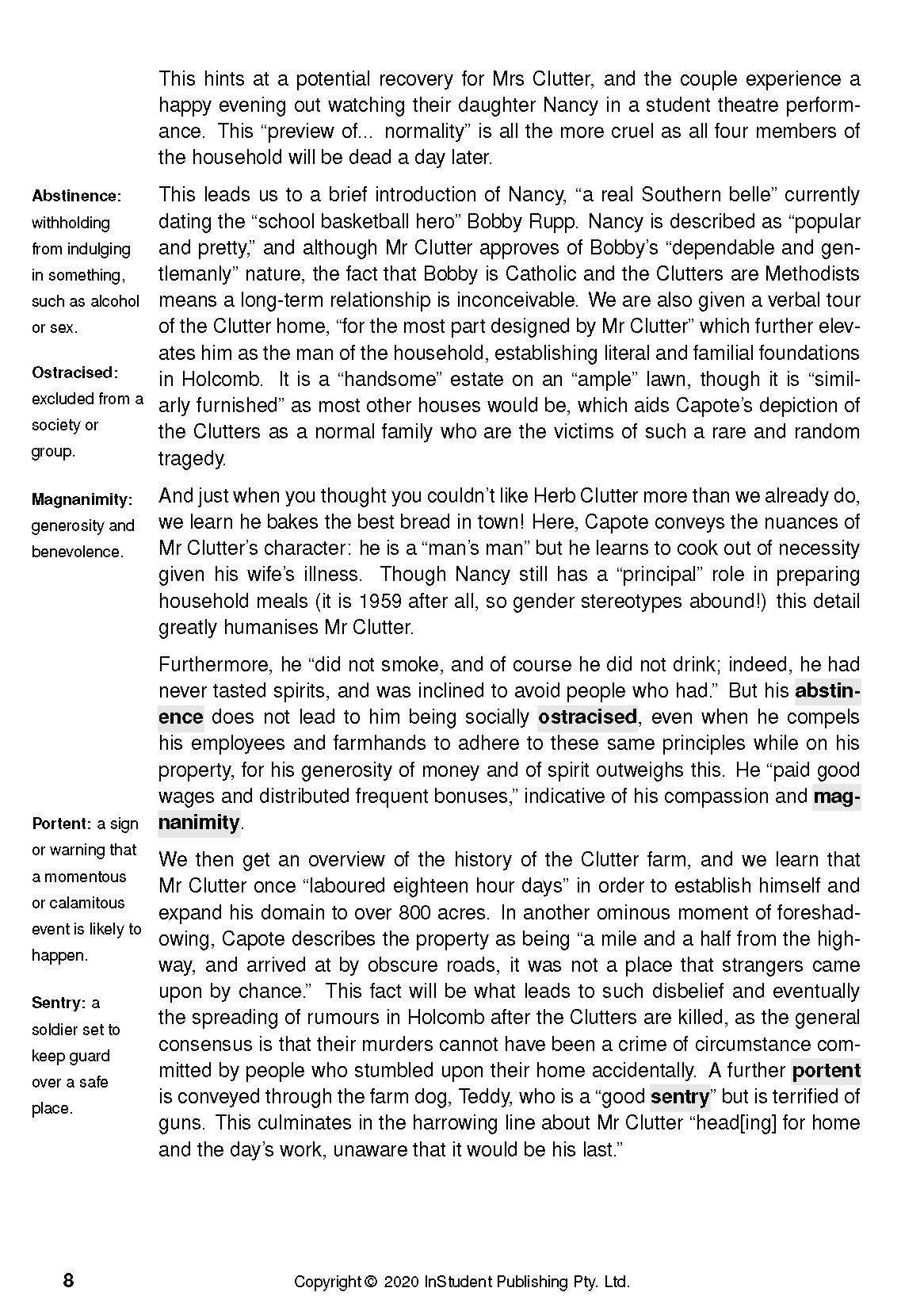 Text guide page about Truman Capote's In Cold Blood, with vocabulary definitions and explanatory paragraphs.