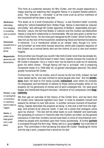 Text guide page about Truman Capote's In Cold Blood, with vocabulary definitions and explanatory paragraphs.