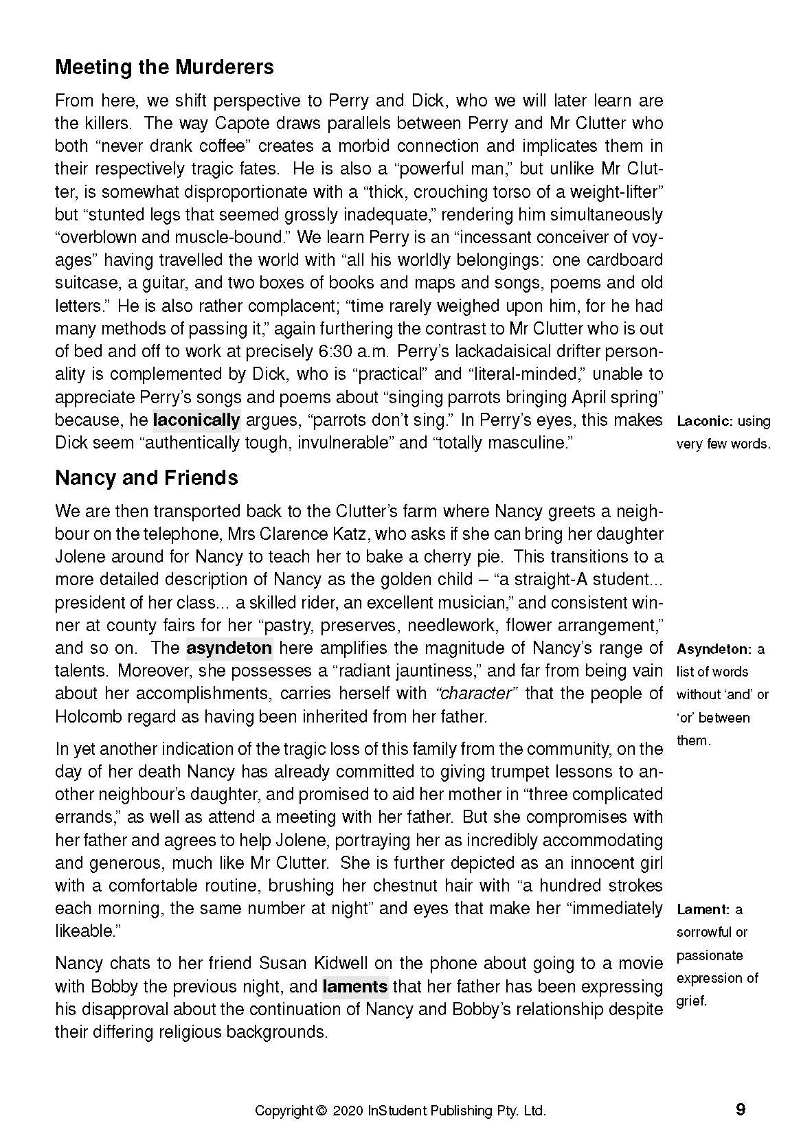 Text guide page for In Cold Blood by Truman Capote, displaying black text, the title "Meeting the Murderers," and marginal definitions.