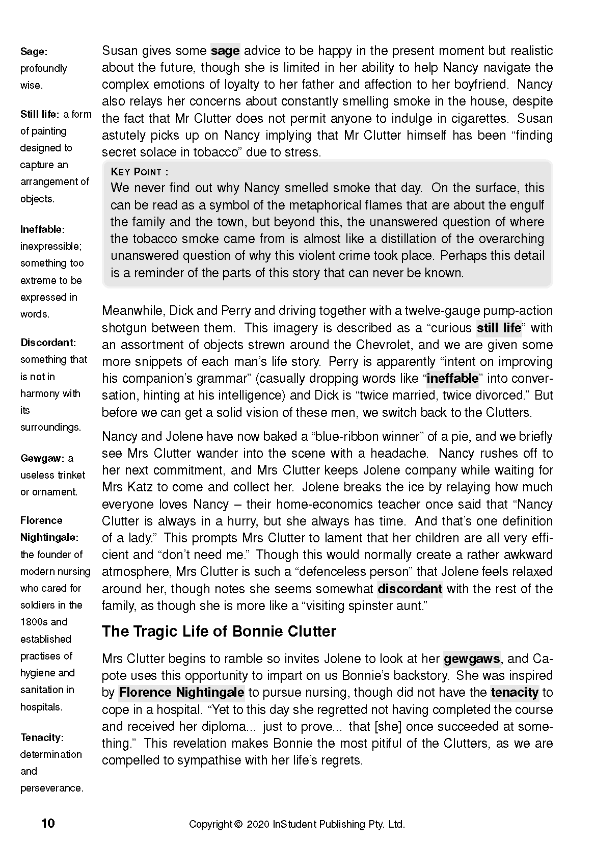 Text Guide page with academic analysis of 'In Cold Blood,' featuring definitions, explanatory paragraphs, and highlighted terms.