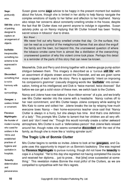 Text Guide page with academic analysis of 'In Cold Blood,' featuring definitions, explanatory paragraphs, and highlighted terms.