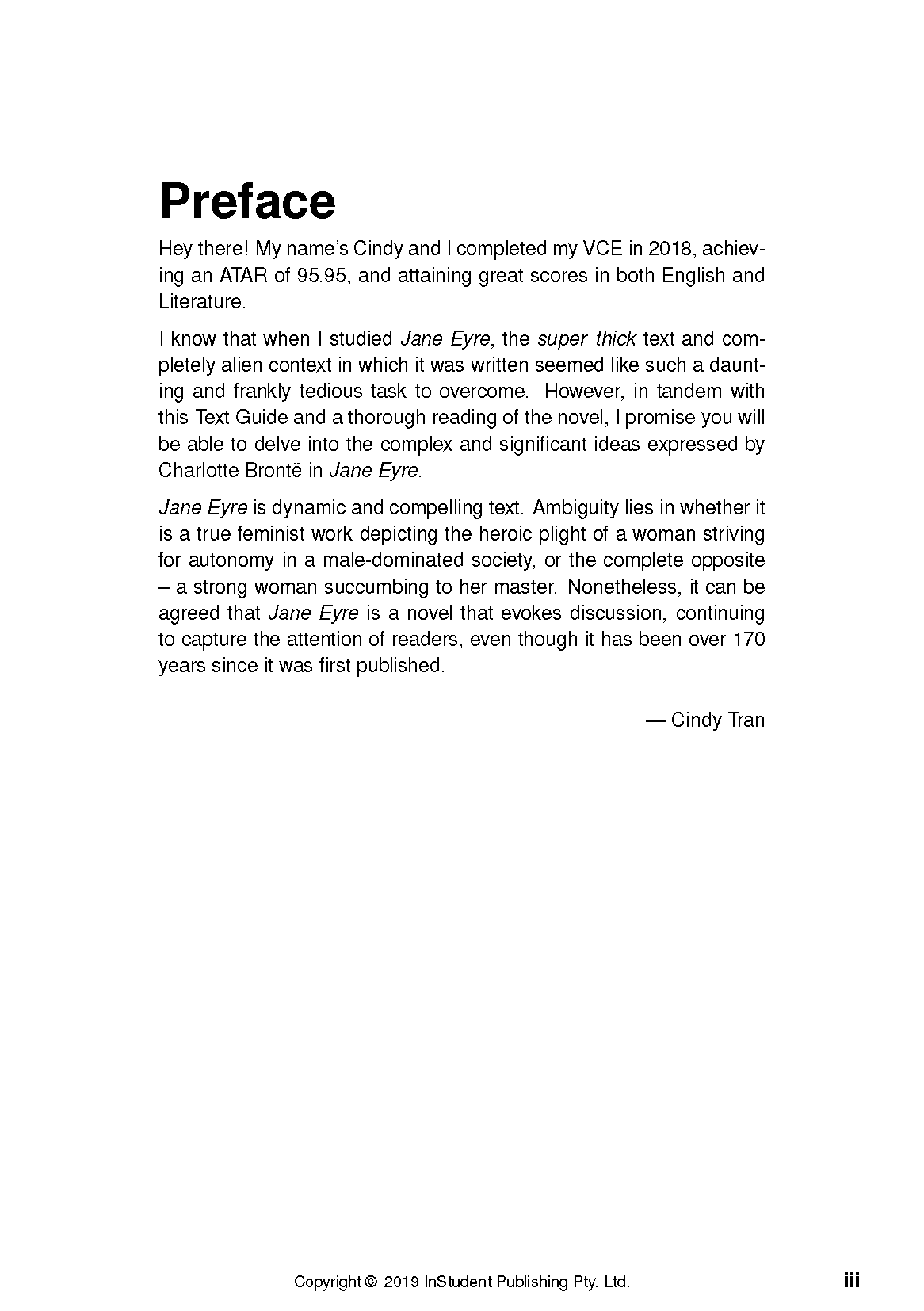 Text guide page displaying a preface by Cindy Tran about Jane Eyre, with black text on a white background.