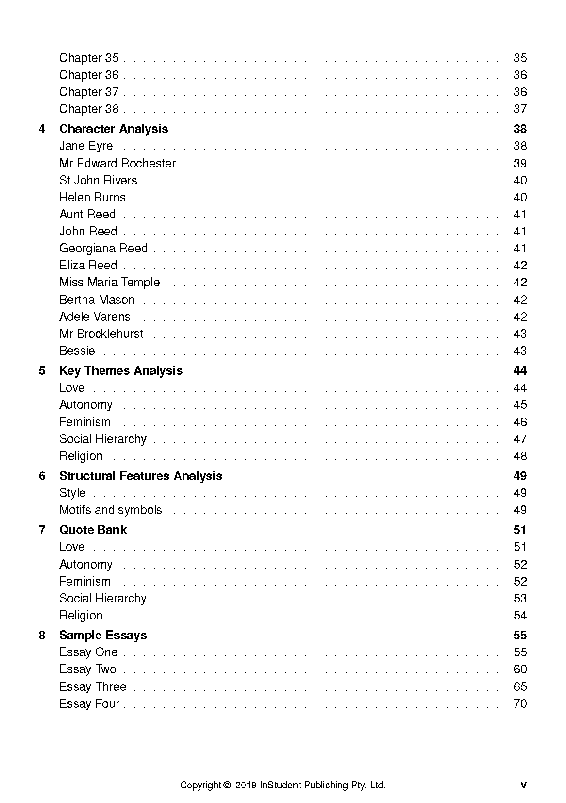 Text Guide for Jane Eyre by Charlotte Bronte, showing a table of contents page detailing chapters, character analysis, and essay topics.