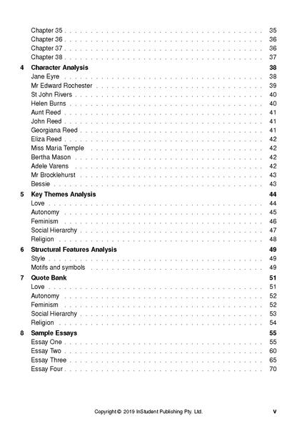 Text Guide for Jane Eyre by Charlotte Bronte, showing a table of contents page detailing chapters, character analysis, and essay topics.