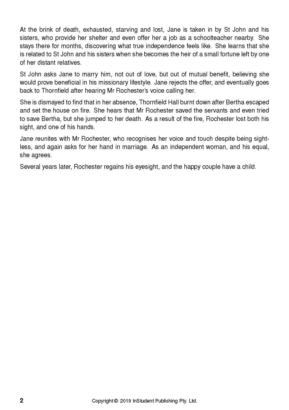 A page from a text guide about Jane Eyre, showing multiple paragraphs of story summary, a page number, and copyright information.