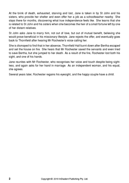 A page from a text guide about Jane Eyre, showing multiple paragraphs of story summary, a page number, and copyright information.