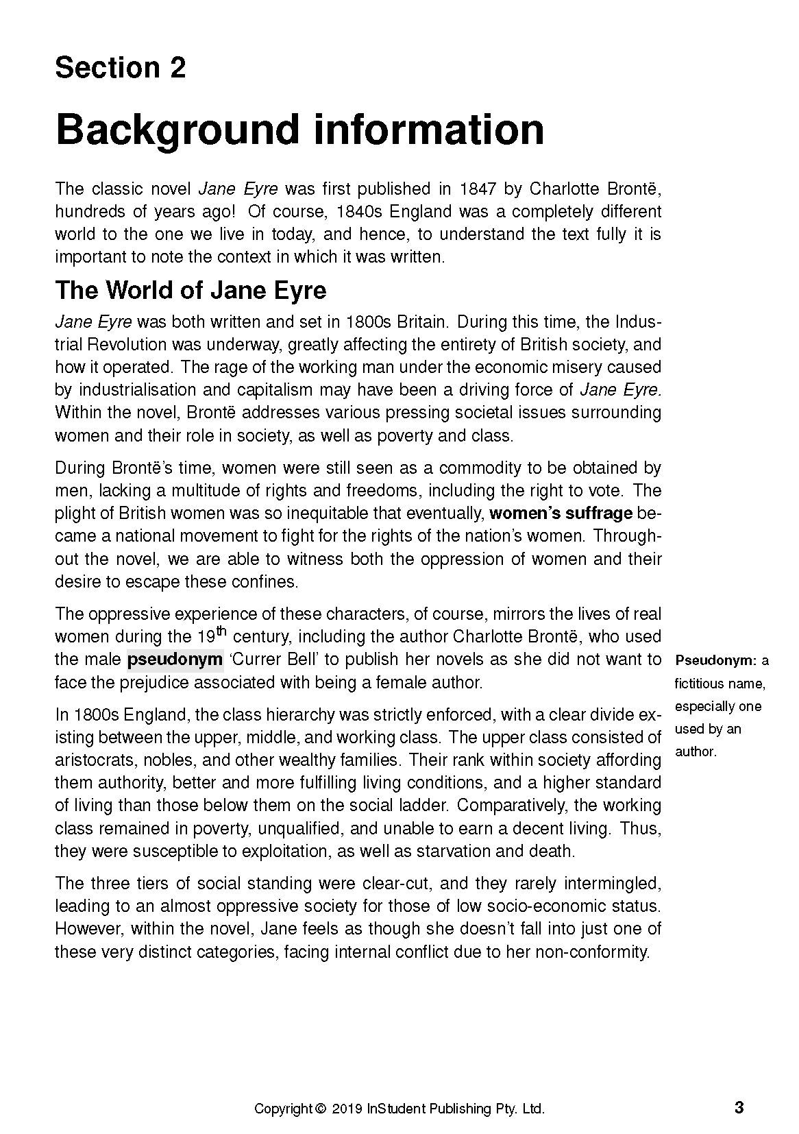 Text guide page displaying "Section 2 Background information" about Jane Eyre with text paragraphs and a pseudonym definition.