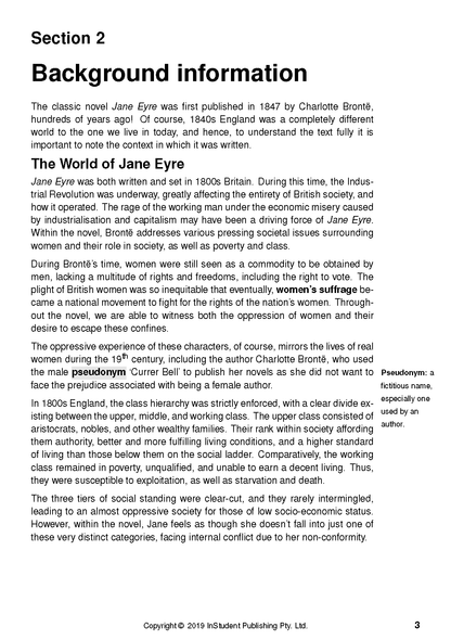 Text guide page displaying "Section 2 Background information" about Jane Eyre with text paragraphs and a pseudonym definition.