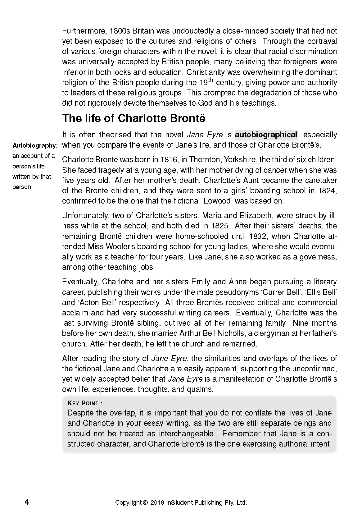 White text guide page with black text discussing Charlotte Brontë's life and *Jane Eyre*, including a sidebar and key point box.