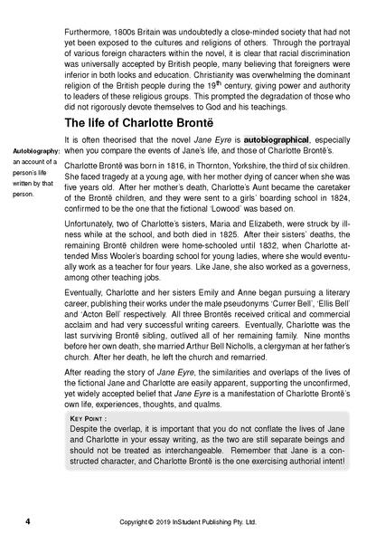 White text guide page with black text discussing Charlotte Brontë's life and *Jane Eyre*, including a sidebar and key point box.