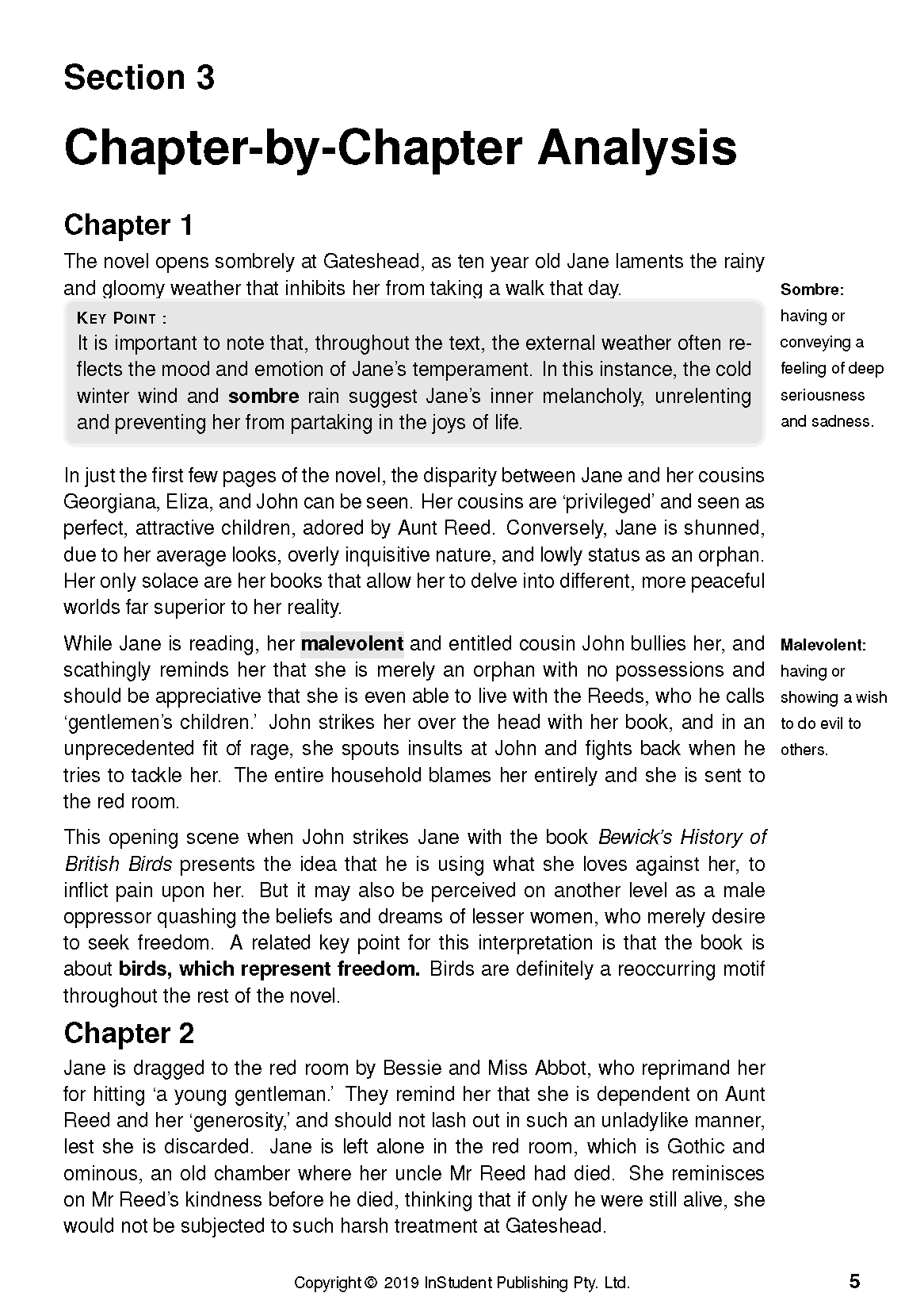 A text guide page for Jane Eyre by InStudent Publishing Pty. Ltd., displaying Chapter-by-Chapter Analysis, definitions, and copyright.