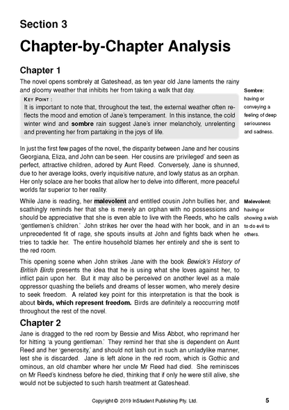 A text guide page for Jane Eyre by InStudent Publishing Pty. Ltd., displaying Chapter-by-Chapter Analysis, definitions, and copyright.