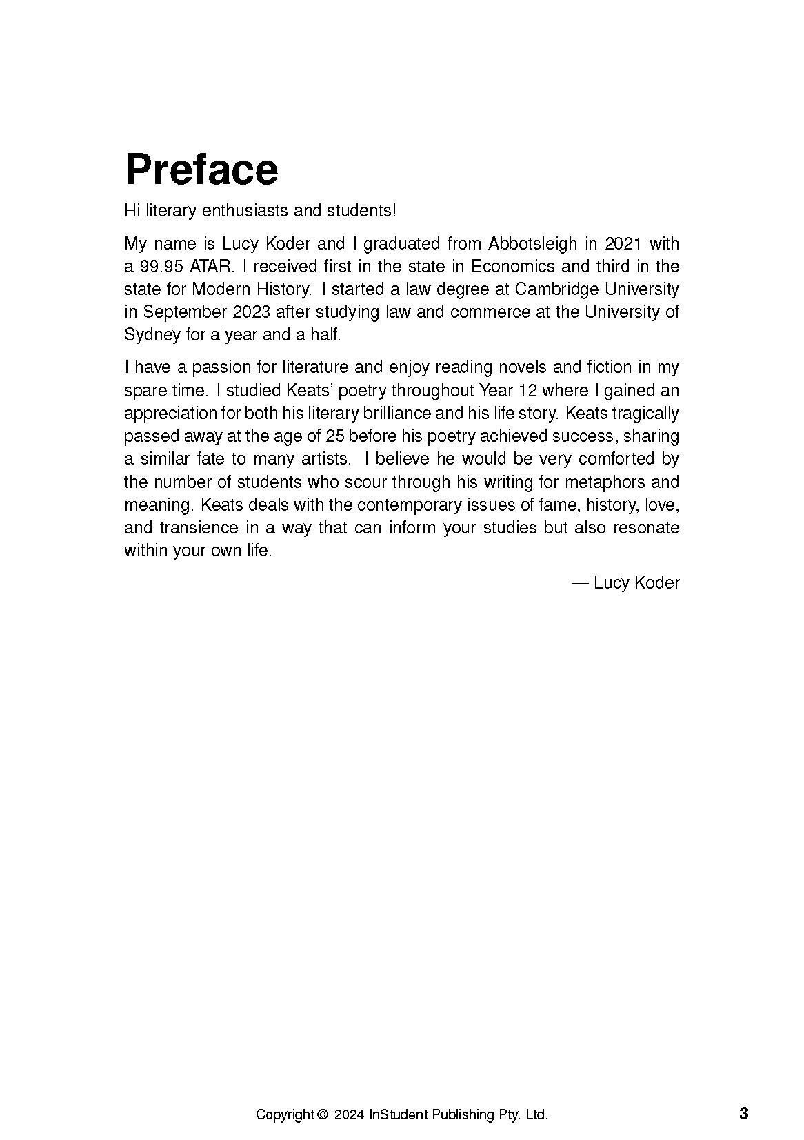 Text guide page with 'Preface' title, black text on white, detailing author's literary passion, copyright, and page 3.