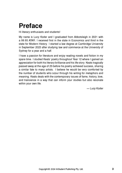 Text guide page with 'Preface' title, black text on white, detailing author's literary passion, copyright, and page 3.