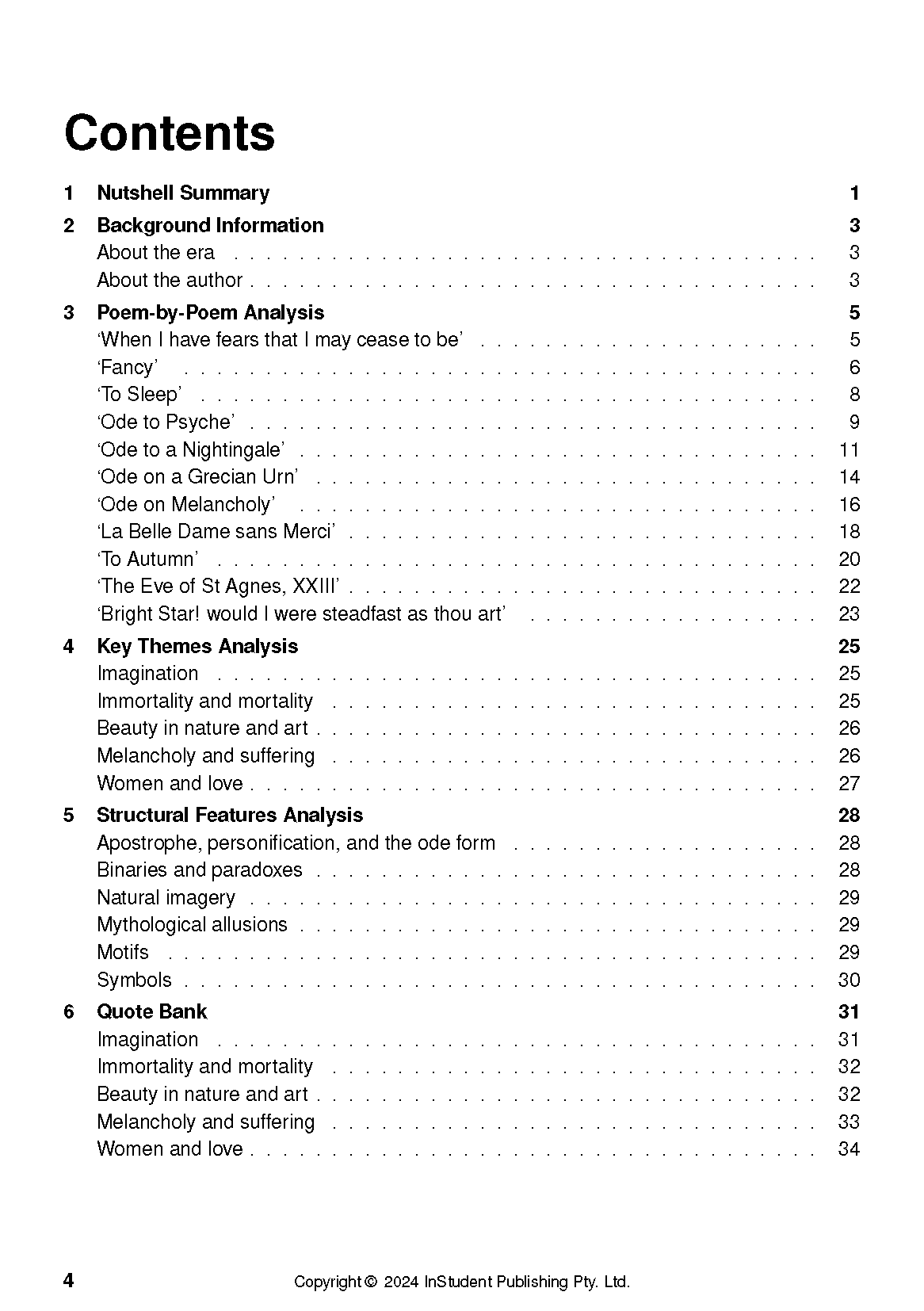 Text guide's table of contents page in black text on white, listing Keats' poems and analysis sections with page numbers.