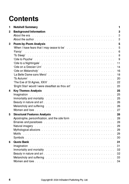 Text guide's table of contents page in black text on white, listing Keats' poems and analysis sections with page numbers.