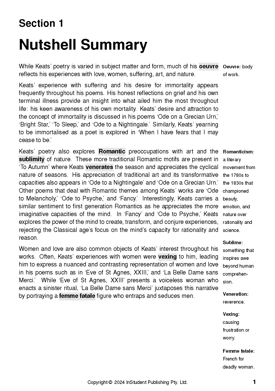 Text Guide page displaying a 'Nutshell Summary' about John Keats and a glossary sidebar.