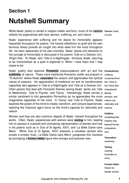 Text Guide page displaying a 'Nutshell Summary' about John Keats and a glossary sidebar.