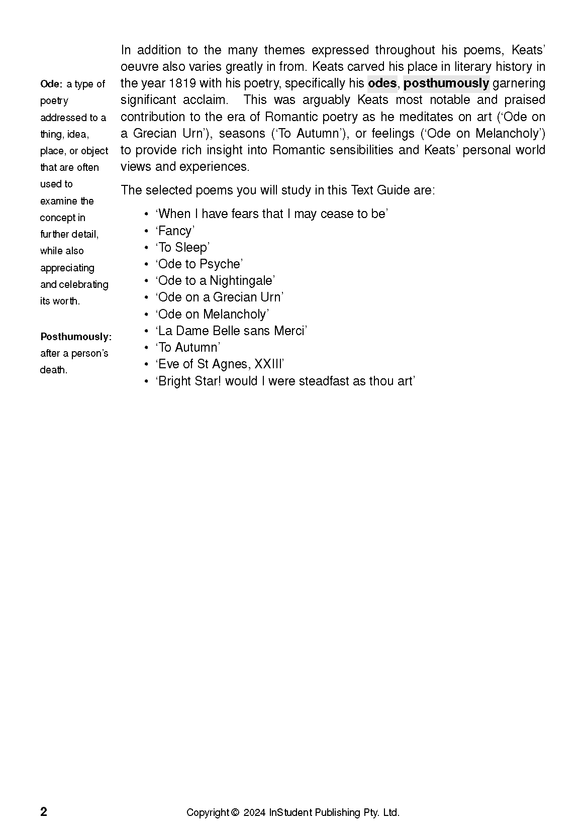 Text Guide page featuring definitions of 'Ode' and 'Posthumously', a summary of Keats's work, and a list of his selected poems.