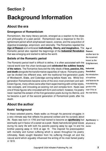 A text guide page about John Keats and the Romantic era, featuring background information, definitions, and highlighted terms.