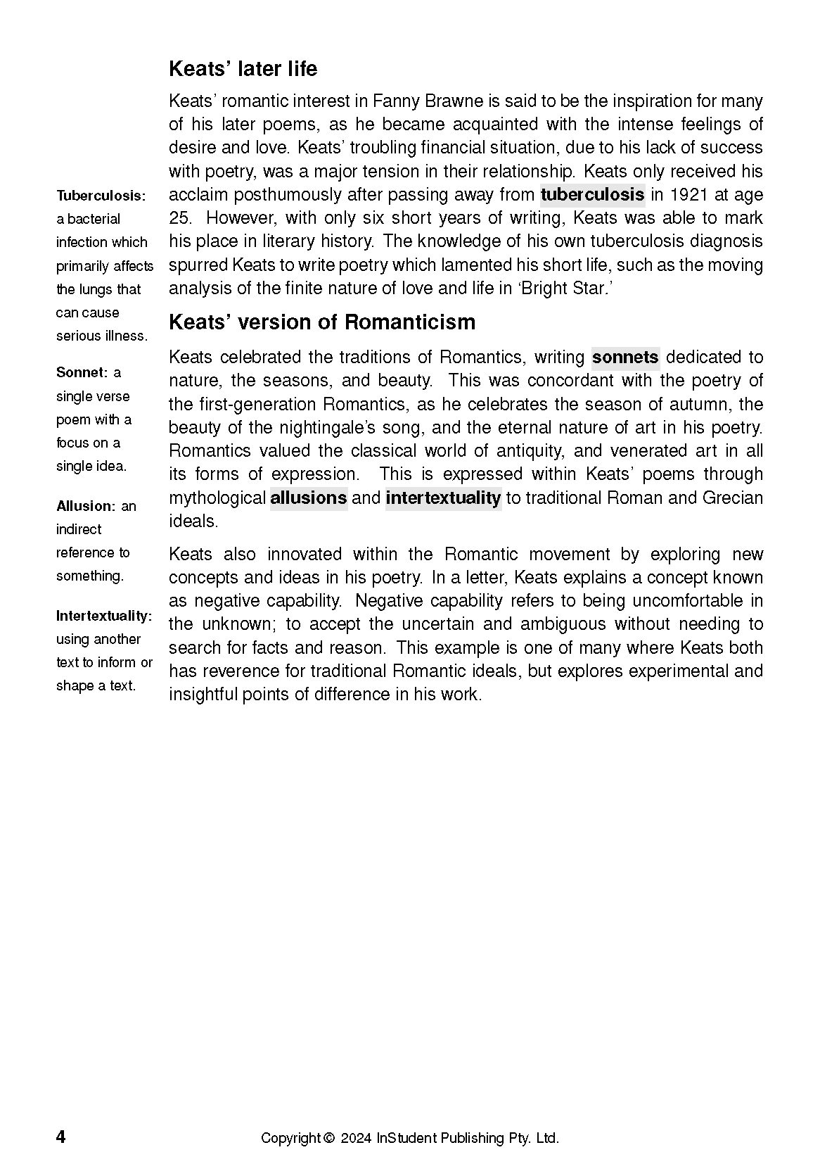 A text guide page about John Keats's life, his version of Romanticism, and literary definitions, with page number 4.