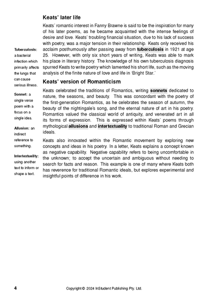 A text guide page about John Keats's life, his version of Romanticism, and literary definitions, with page number 4.