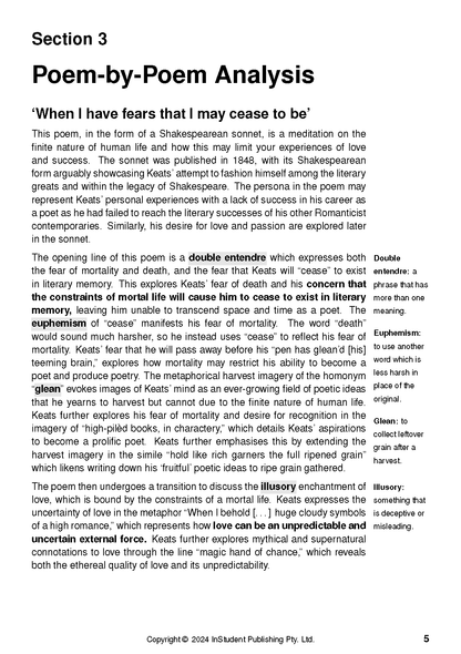White text guide page detailing a poem-by-poem analysis with definitions of literary terms.