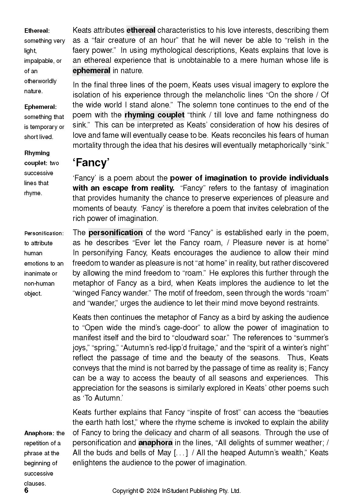 Text Guide page displaying bolded definitions on the left for terms like Ethereal and Ephemeral, with accompanying poem analysis text on the right.