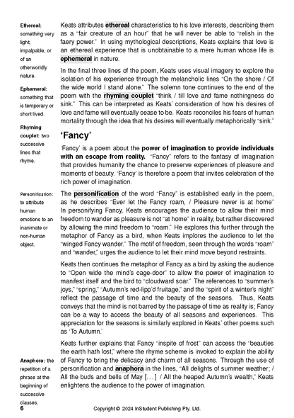 Text Guide page displaying bolded definitions on the left for terms like Ethereal and Ephemeral, with accompanying poem analysis text on the right.