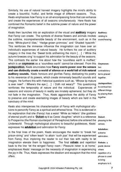 Educational text guide page about John Keats's poems, with black text, highlighted terms, and a definitions sidebar.