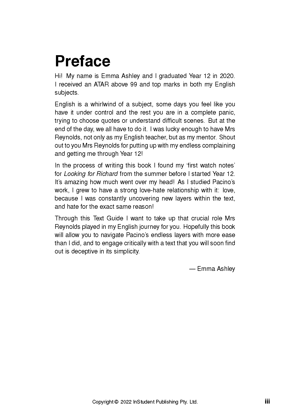 Text guide page open to the preface, featuring black text signed by Emma Ashley on a white background.