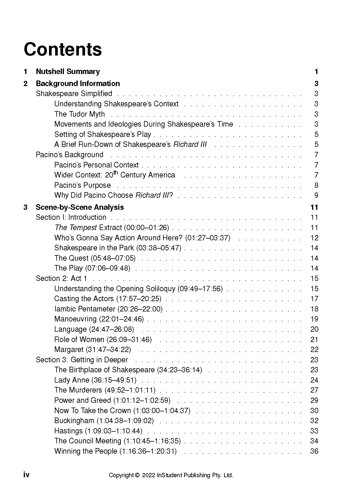 Text guide displaying a table of contents from InStudent Publishing Pty. Ltd., listing sections and corresponding page numbers.