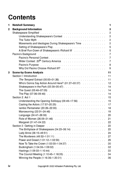 Text guide displaying a table of contents from InStudent Publishing Pty. Ltd., listing sections and corresponding page numbers.