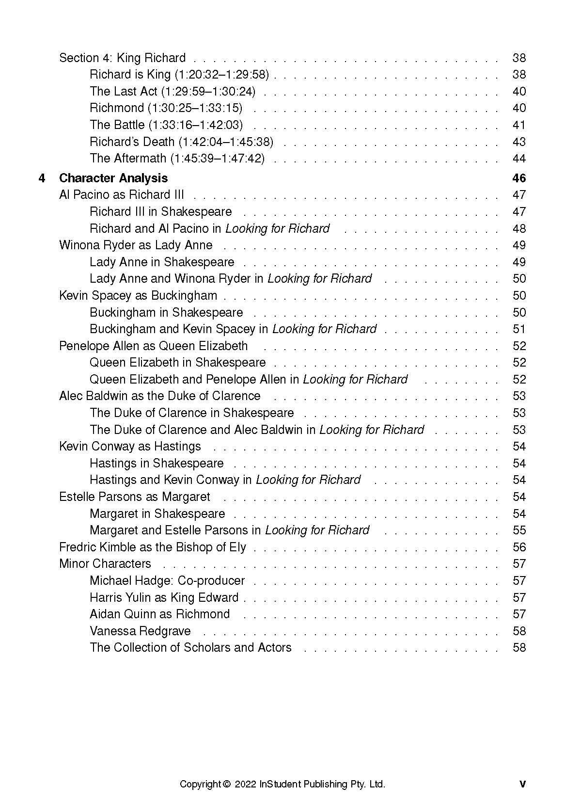 Text guide from InStudent Publishing Pty. Ltd. displaying a table of contents with black text, headings, and page numbers on a white page.