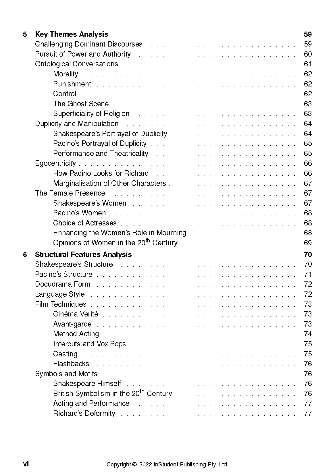 Text guide for "Looking for Richard by Al Pacino", showing a detailed table of contents with bolded headings and page numbers.